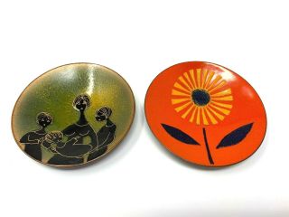 2 Enamel De Passille Sylvestre Quebec Modernist Copper Plates Sunflower Figural