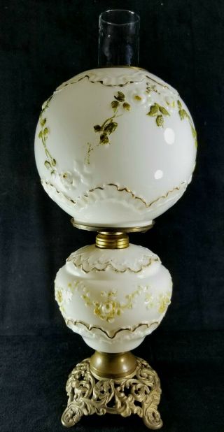 Antique Hand Painted Milk Glass Parlor Oil Lamp Chimney & Globe 19.  5 In Tall Exc
