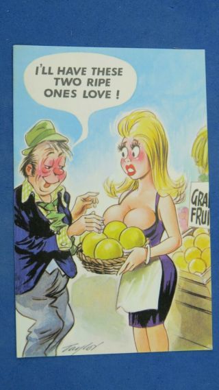Risque Bamforth Comic Postcard 1970s Big Boobs Bust Cleavage Grapefruit Grocer
