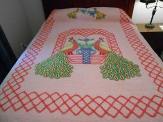 Vintage Pink Chenille Double Peacock Bedspread 92 " X 100 "