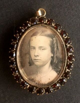 Close - Up Daguerreotype Locket Young Girl Surrounded By Garnets