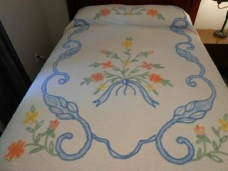 Vintage Soft Floral Blue Design Chenille Bedspread 89 " X 100 "