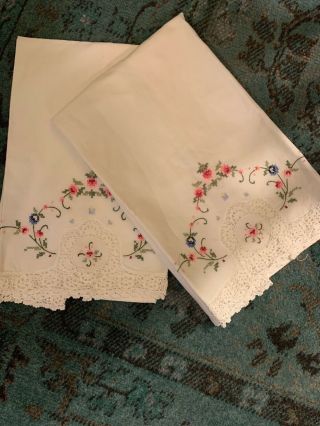 Vintage Cotton Pillowcases - Crochet Trim - Hand Embroidered Flowers