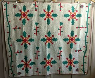 Antique Red And Green Applique Quilt Stunning 1930 