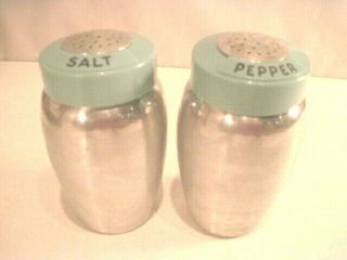 Vintage Kromex Aluminum Salt & Pepper Shakers With Turquoise Aqua Teal Tops