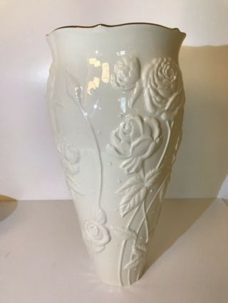 Lenox Ivory Rose 11 " Tall Vase Large Heavy Floral Embossed Gold Rimmed
