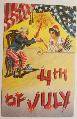 Vintage 4th Of July Postcard Circa 1910 Uncle Sam - Lady Liberty - Fireworks