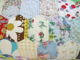 KING Vintage Hand Quilted All Cotton,  Feed Sacks HONEYCOMB Quilt,  Novelty Prints 10
