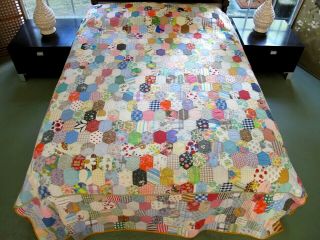King Vintage Hand Quilted All Cotton,  Feed Sacks Honeycomb Quilt,  Novelty Prints