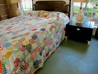 KING Vintage Hand Quilted All Cotton,  Feed Sacks HONEYCOMB Quilt,  Novelty Prints 2