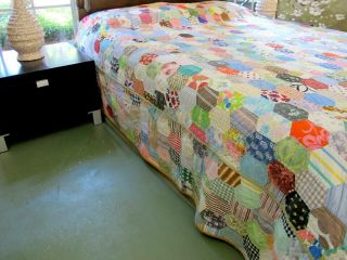 KING Vintage Hand Quilted All Cotton,  Feed Sacks HONEYCOMB Quilt,  Novelty Prints 3