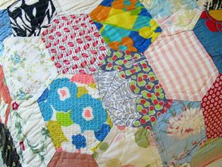 KING Vintage Hand Quilted All Cotton,  Feed Sacks HONEYCOMB Quilt,  Novelty Prints 7