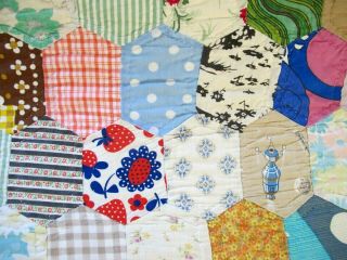 KING Vintage Hand Quilted All Cotton,  Feed Sacks HONEYCOMB Quilt,  Novelty Prints 8