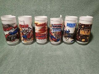 1977 Vintage 7/11 Set Of 6 Marvel Drinking Glasses: Hulk,  Thor,  Spiderman,  Etc.