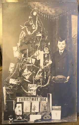 1914 Real Photo Postcard Christmas Tree Presents Boy Scout Books Football Toys