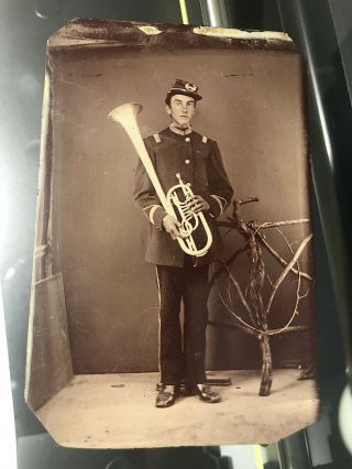 C1860s Civil War Sixth Plate Tintype Military Musician In Uniform E - Flat Tuba
