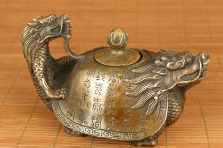 Rare Chinese Old Bronze Hand Casting Dragon Turtle Statue Tea Pot Table Deco