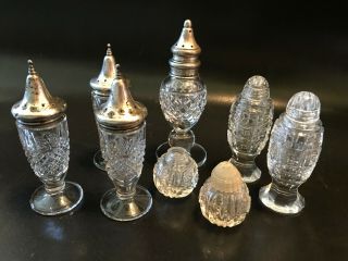 8 Vintage Cut Glass Salt And Pepper Shakers - 4 With Sterling Tops