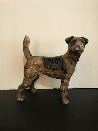 Antique 1930s Hubley Wire Hair Fox Terrier Airedale Dog Door Stop - Rare