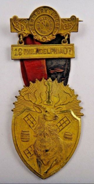 1907 Bpoe York Lodge Order Of Elks Fraternal Pin Pinback Badge Medal Ribbon