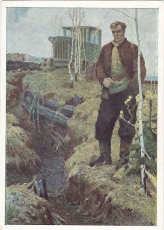 1960 Gladkikh Farmer By The Old Ww2 Trench Socialist Art Russian Soviet Postcard