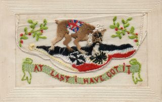 Rare: British Bulldog Tearing Up German Flag: Ww1 Embroidered Silk Postcard