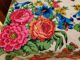 Vintage 50s 60s Mod Floral Tablecloth with fringe Fluorescent Colors 55 x 55 2