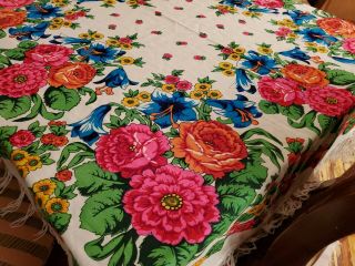 Vintage 50s 60s Mod Floral Tablecloth with fringe Fluorescent Colors 55 x 55 6