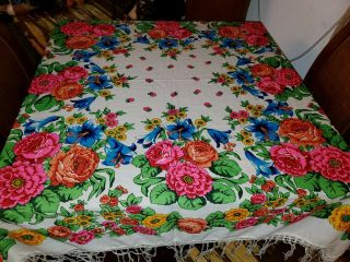 Vintage 50s 60s Mod Floral Tablecloth with fringe Fluorescent Colors 55 x 55 7