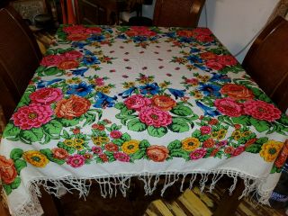 Vintage 50s 60s Mod Floral Tablecloth with fringe Fluorescent Colors 55 x 55 8