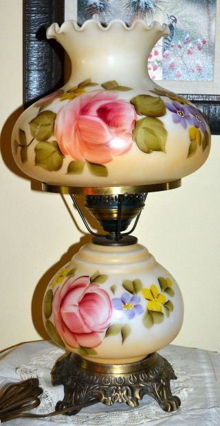 Vintage Gone With The Wind Glass Hurricane 19 " Table Lamp - Roses Floral/flowers