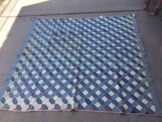 Antique Hand Made Quilted Octagon Blue Criss Cross Quilt - Feed Sack