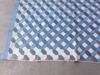 Antique Hand Made Quilted Octagon Blue Criss Cross Quilt - Feed Sack 4