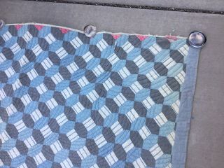 Antique Hand Made Quilted Octagon Blue Criss Cross Quilt - Feed Sack 5