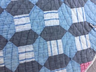Antique Hand Made Quilted Octagon Blue Criss Cross Quilt - Feed Sack 8