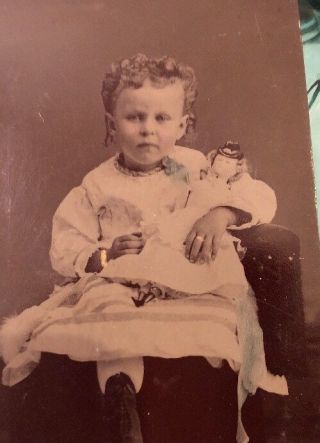 1870’s Antique Victorian Tintype Photo Tinty Little Girl Wax Fashion Doll