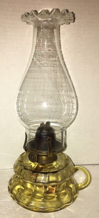 Fine Early Amber Art Glass Kerosene Oil Lamp Ruffled Shade