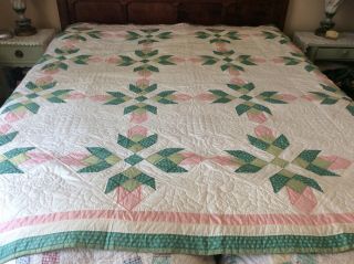 Vintage Quilt Star Pattern Patchwork Hand Stitched Green And Pink 92 " X 96 "