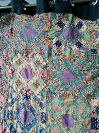 Vintage Quilt Top Hand stitched Patchwork Purple Diamond 5