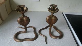 Pair Vintage Brass Cobra - Snake - Candlesticks - 8 Inches Tall