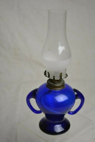 Antique Miniature Cobalt Blue Blown Glass Oil Lamp App Handles Late 19th Century