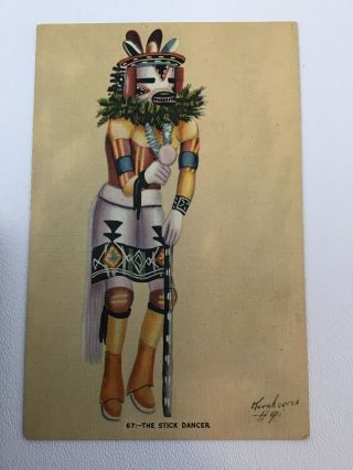 Vintage Hopi Indian Postcard Hopi Village Walpai The Stick Dancer Linen