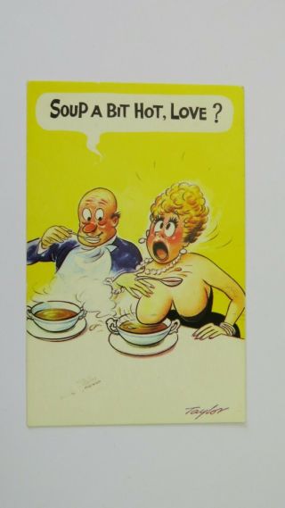 1970s Risque Comic Vintage Postcard Blonde Big Boobs Cleavage Restaurant Cafe