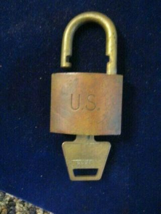 Vintage Us Military Army Brass Lock With Key American Lock