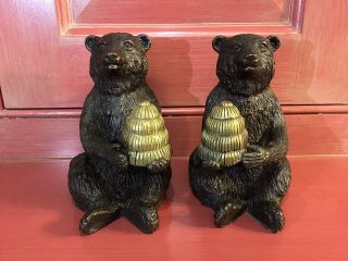 Maitland Smith Bronze Bear Holding Beehive (2) Matched Right - Left Pair