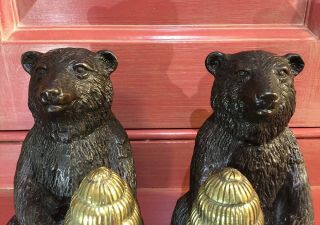 Maitland Smith Bronze Bear holding Beehive (2) Matched Right - Left Pair 6