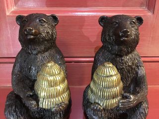 Maitland Smith Bronze Bear holding Beehive (2) Matched Right - Left Pair 7
