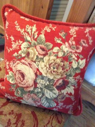 Red Floral Down Pillow Tapestry Velvet Backing With Zip 14 "