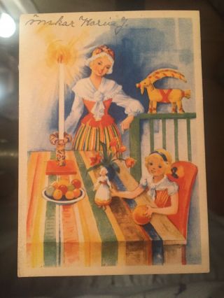 Vintage Swedish Mini Christmas Postcard Girl Doll Mom Candle Yule Goat