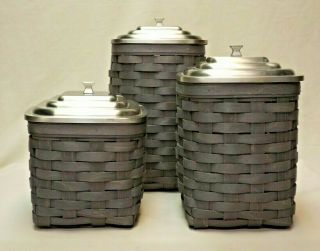 Longaberger 2015 Set Of 3 Pewter Apothecary Square Canister Baskets W/metal Lids